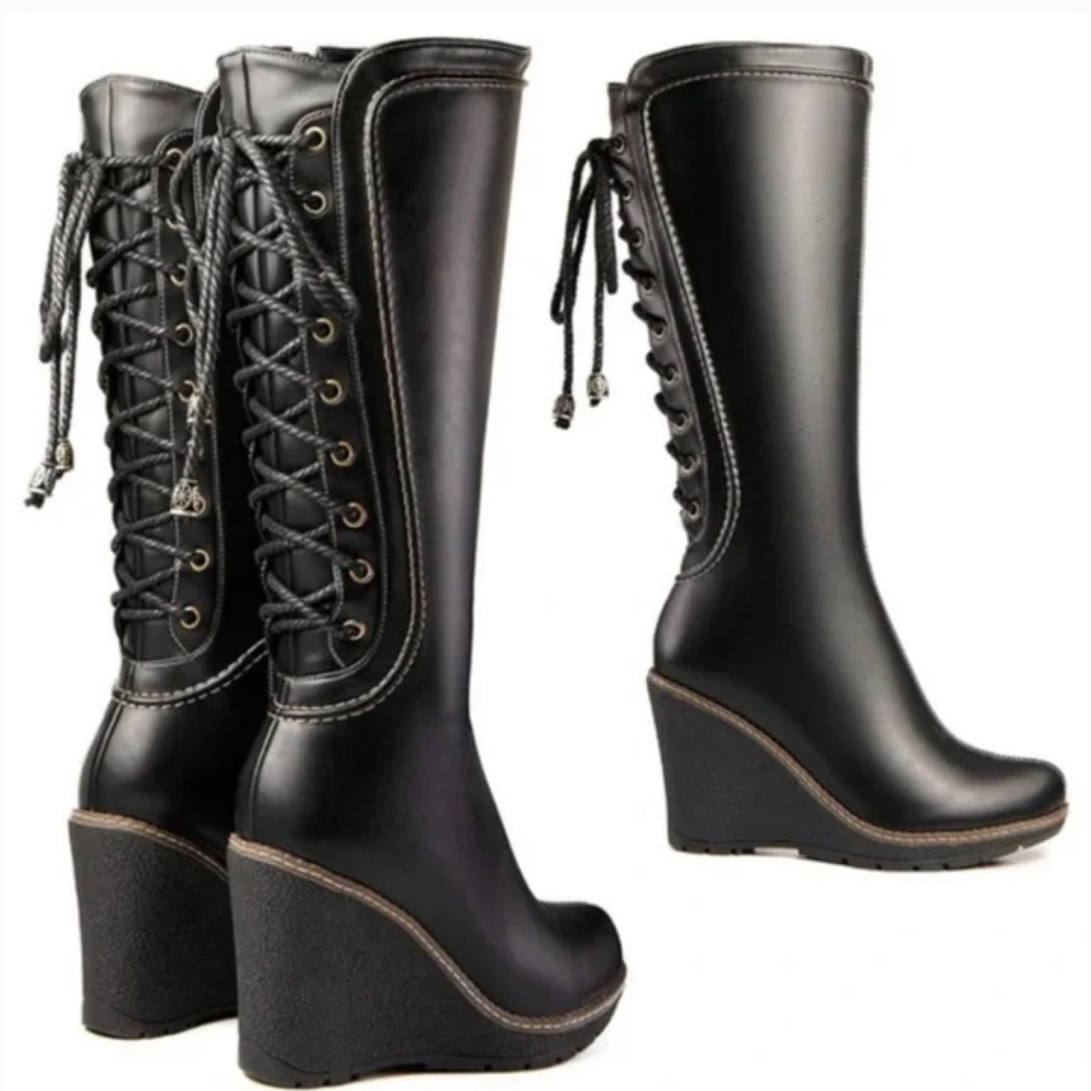 Monroe And Main Black Lace up mid thigh wedge heel boots